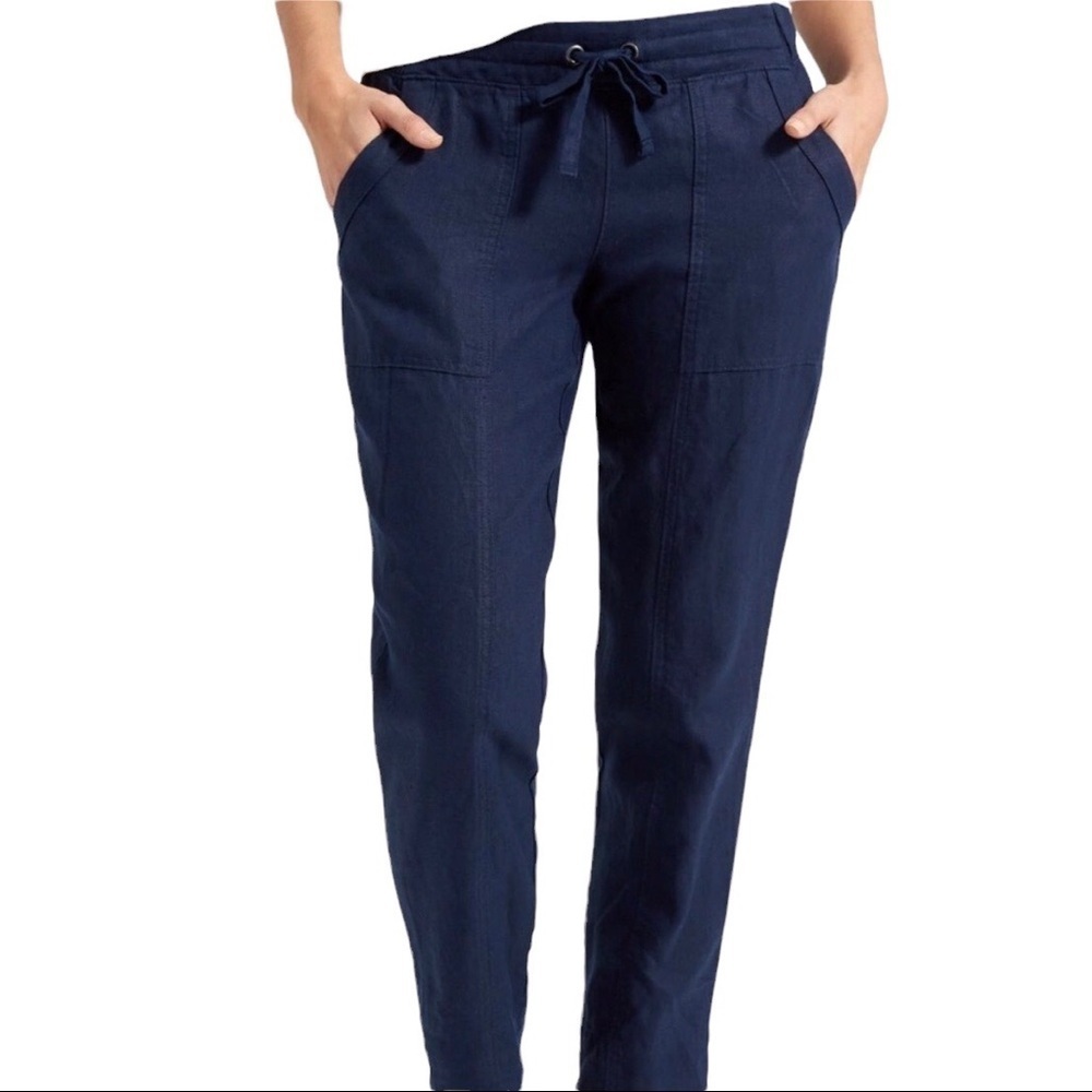 Athleta Linen Ankle Pants Tapered Leg Navy Blue Size 2 Pull On - Picture 1 of 9